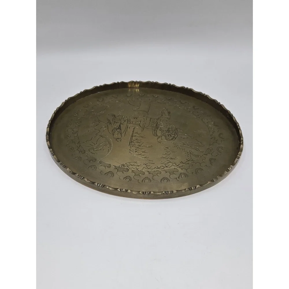 Antique Chinese Etched Brass Tea Tray with Scalloped Edge‎